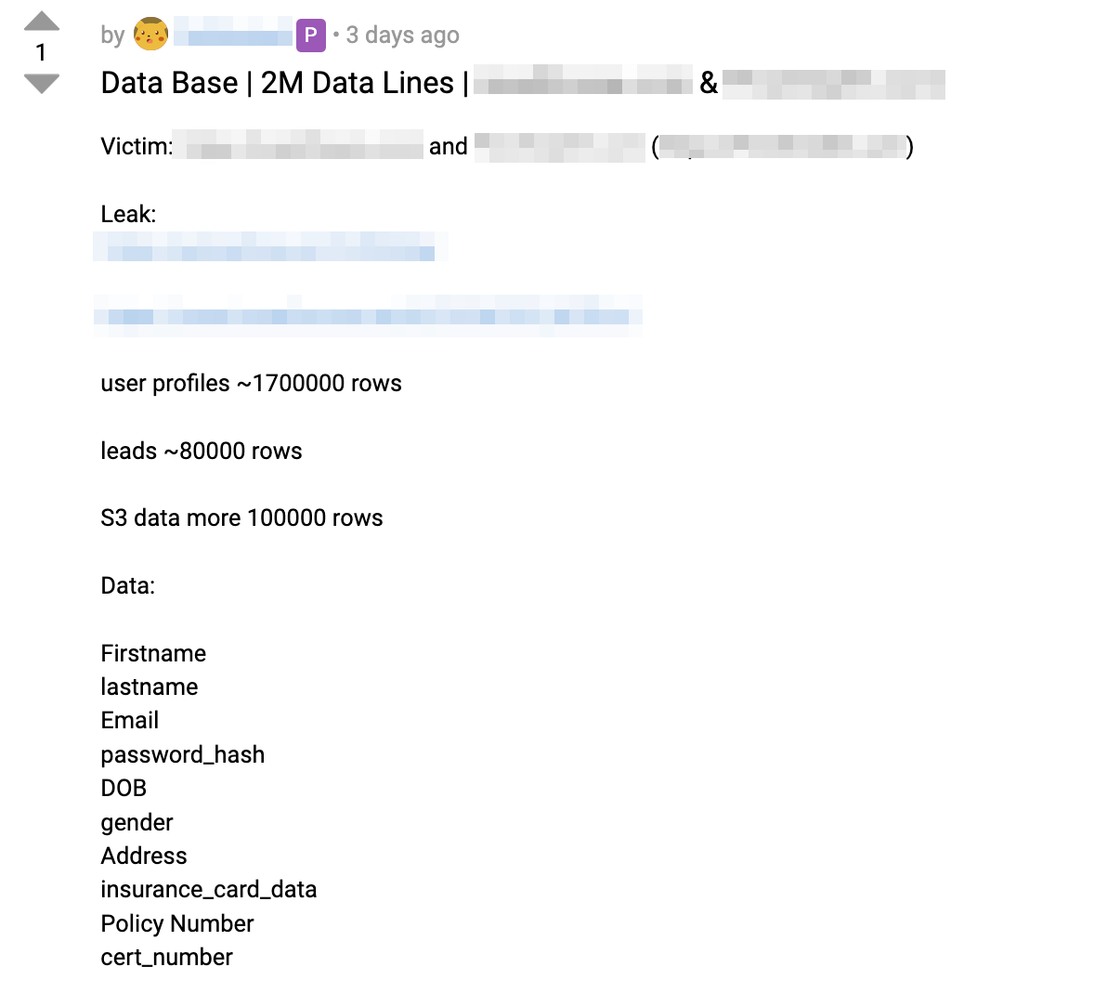 Figure 10. A free healthcare database posted on Dread forums in March 2026 