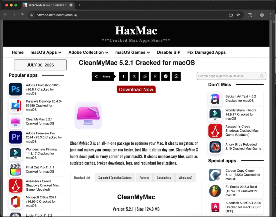 CleanMyMac’s download page on HaxMac site, with download links redirecting to AMOS’ landing page