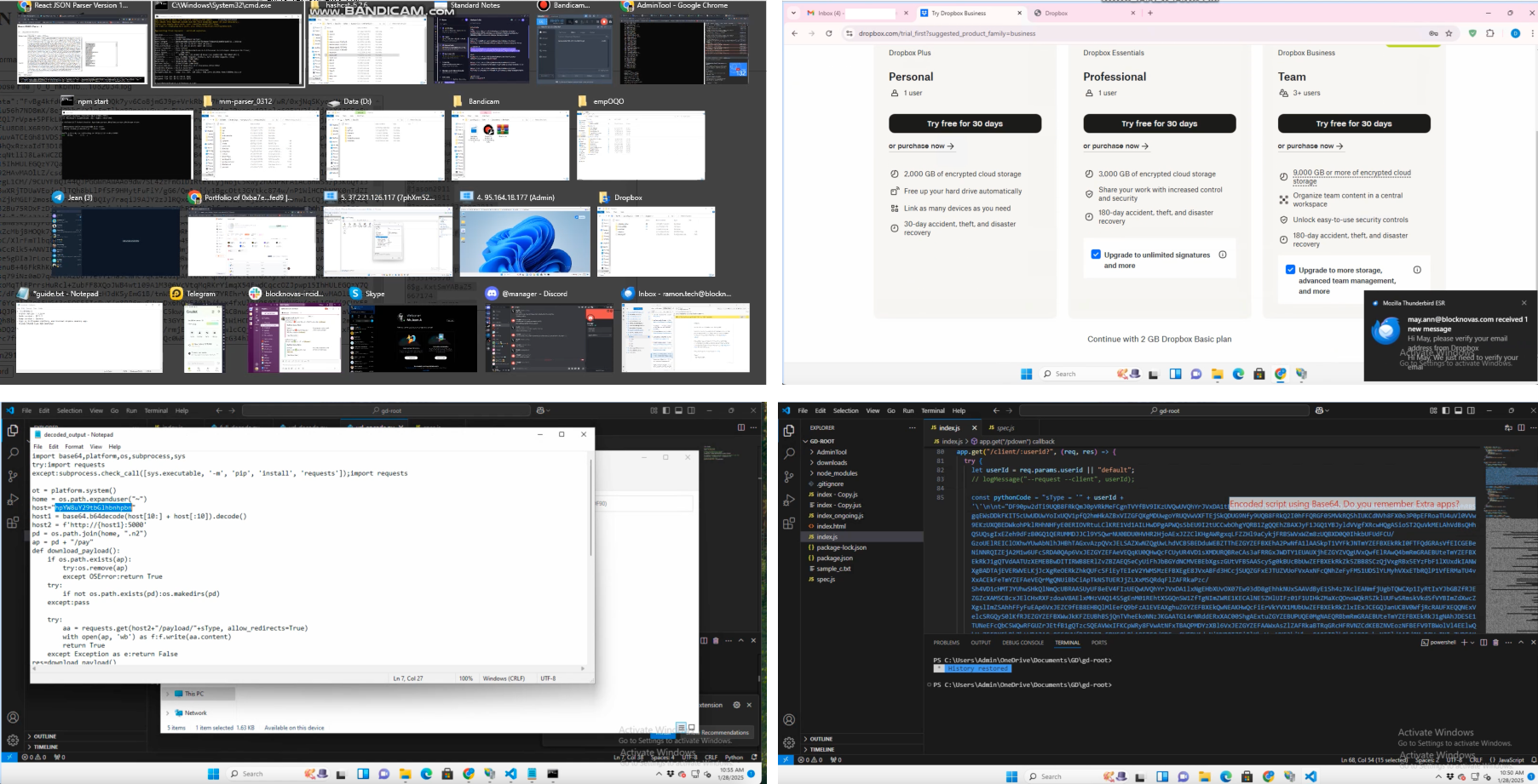 Figure 10. Video stills from instruction videos that were recorded during an RDP session into the Beavertail C&C server 95[.]164[.]18[.]177 on January 28, 2025 by someone using a BlockNovas account