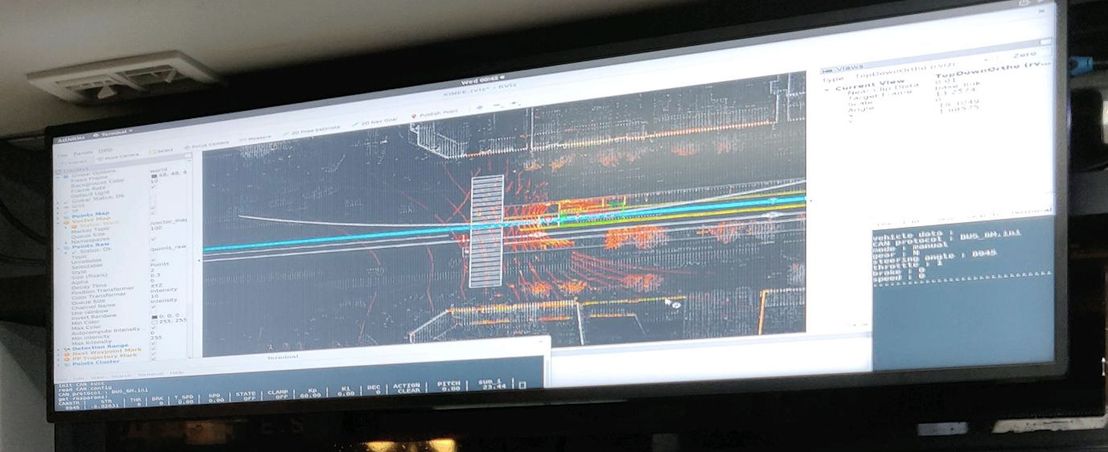 Figure 1. Monitor showing real-time parameters collected by lidar, radar, and cameras, along with the preloaded HD map