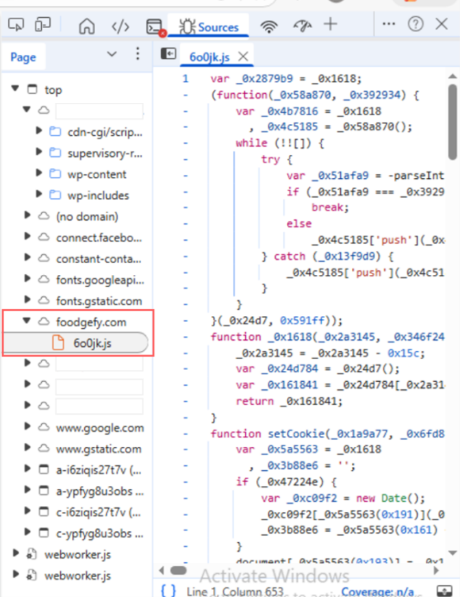 Figure 4. Screenshots of the compromised website (left) and snippets showing the injected malicious JS script (right), via hxxp[://]foodgefy[.]com/6o0jk[.]js