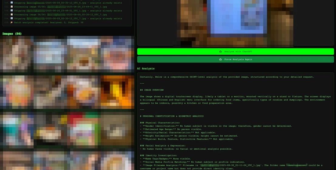 After the AI has performed a deep analysis of the image, clicking on it shows all the inferred data. (Images have been blurred for privacy.)