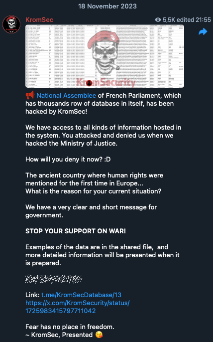 KromSec claiming responsibility for an attack on the French Parliament