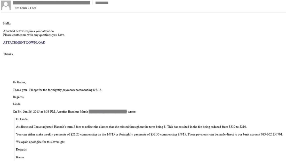 Figure 8. Sample email with a malicious link that leads to the download of Qakbot
