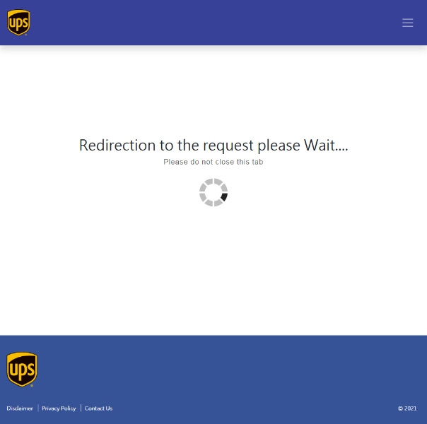 A fake UPS Taiwan page redirects to an infinitely loading page.