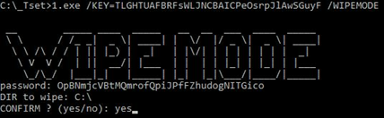 Command line interface with the "/WIPEMODE" parameter. The command includes a key for authentication.