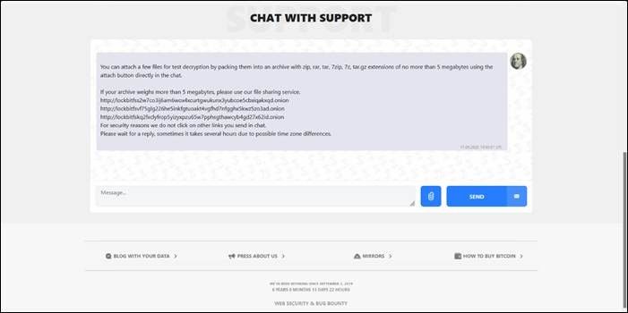 Figure 4. The data leak site provides a direct communication channel with the victims in the "Chat with Support" section. 