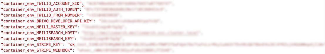 Figure 17. API keys of applications such as Twilio, Stripe, Brivo, and Meilisearch