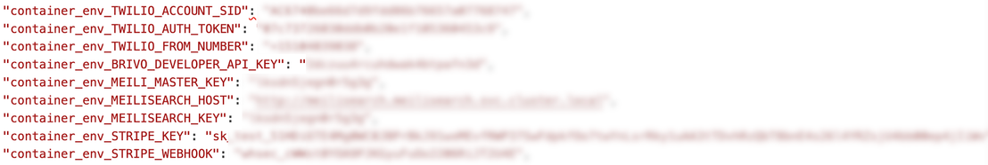 Figure 17. API keys of applications such as Twilio, Stripe, Brivo, and Meilisearch