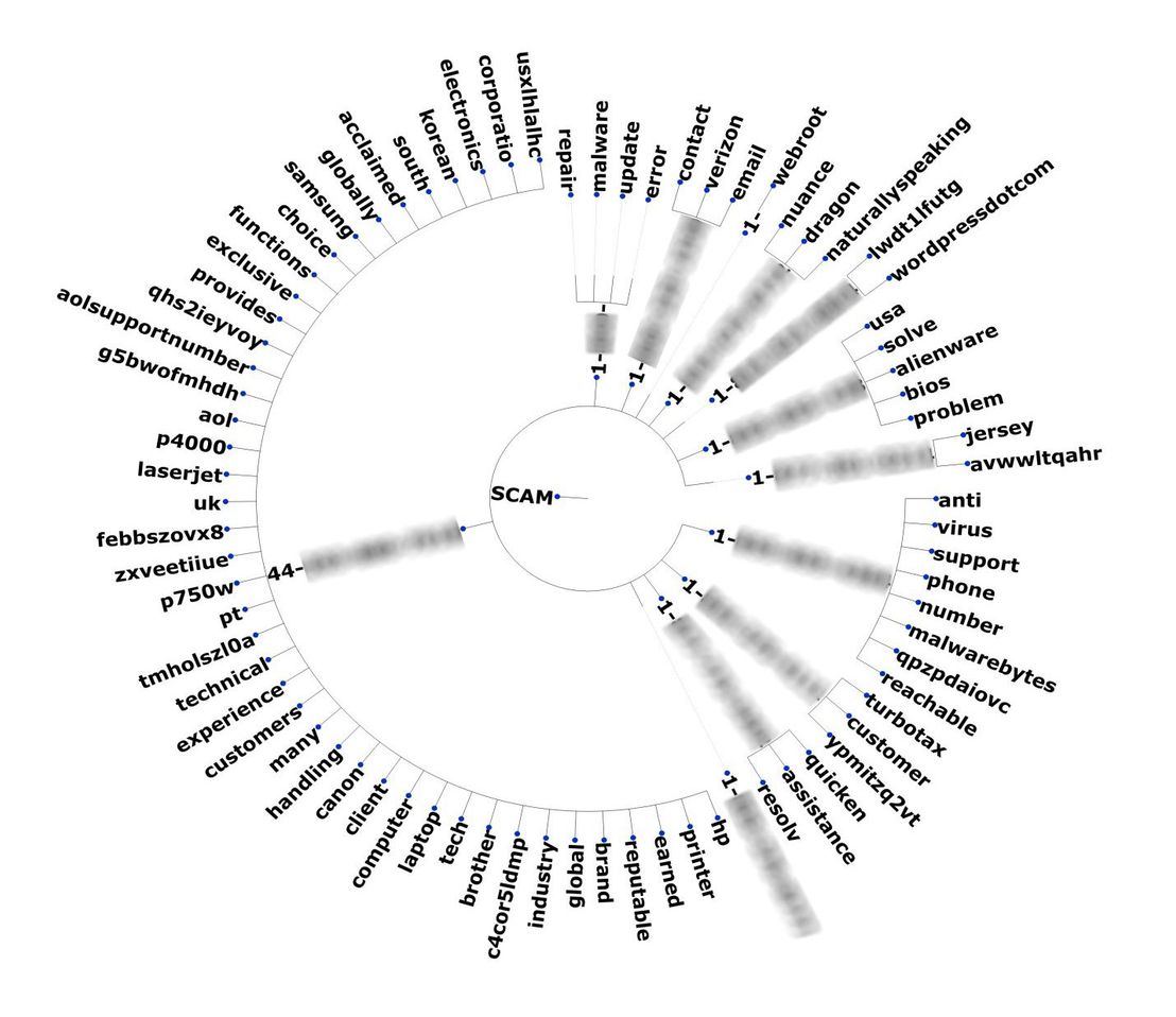 Figure 14. Keywords used (top) and semantical context (bottom) of tech support scams seen on Twitter