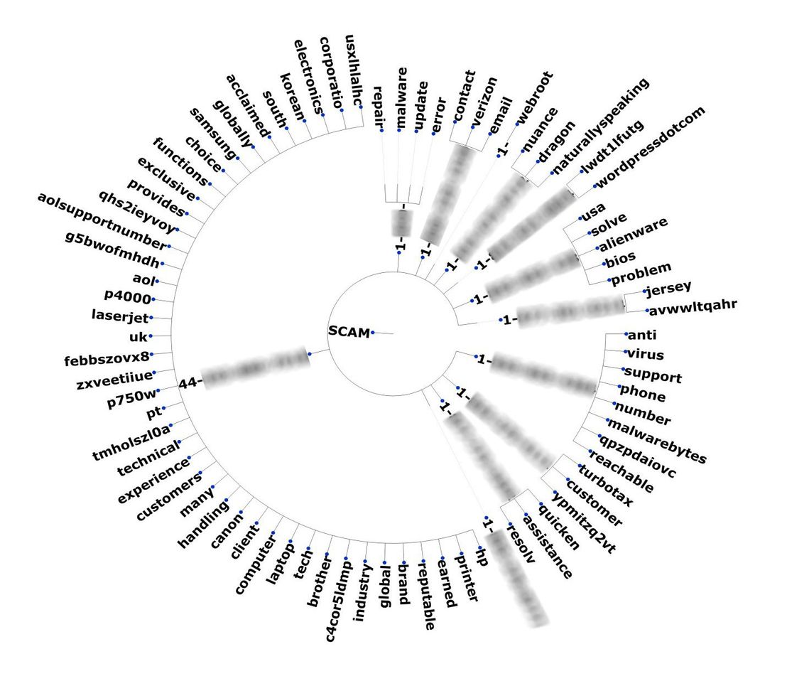 Figure 14. Keywords used (top) and semantical context (bottom) of tech support scams seen on Twitter