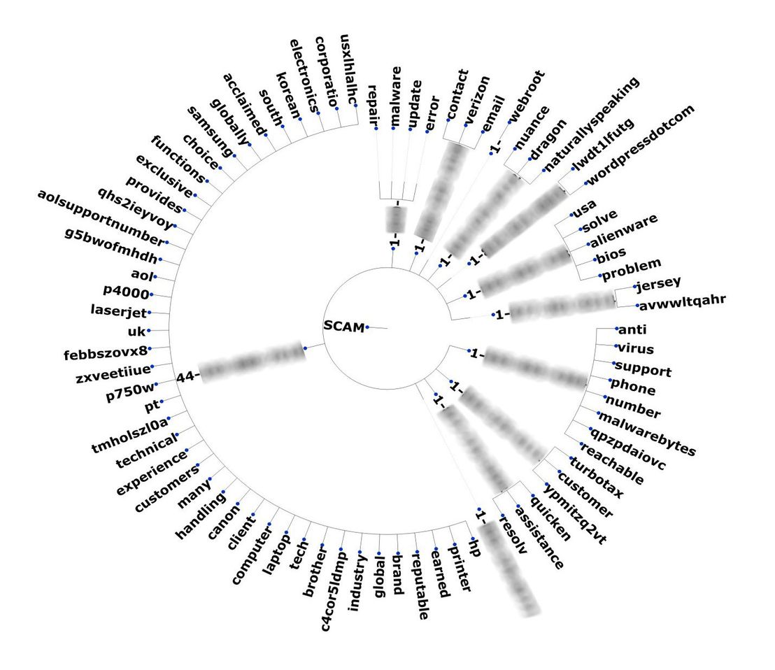 Figure 14. Keywords used (top) and semantical context (bottom) of tech support scams seen on Twitter