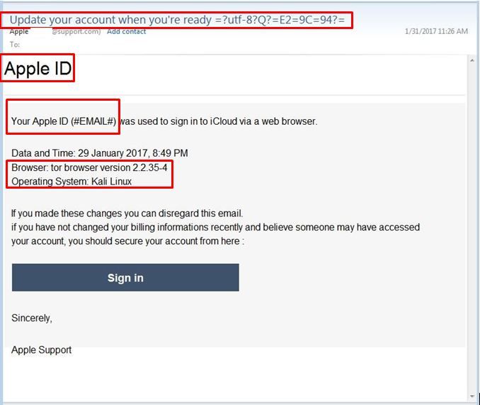 Figure 3: Comparison of an Apple ID warning with a phishing attempt