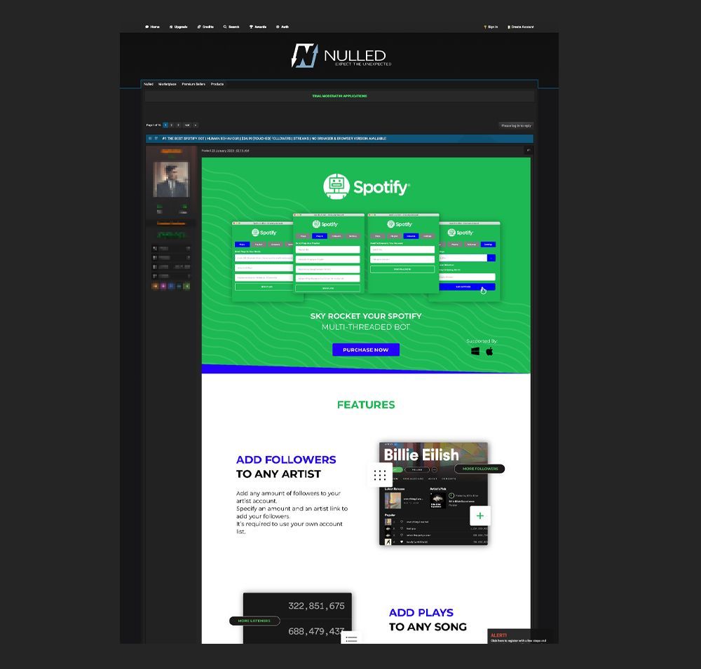 An advertisement in an underground forum for a Spotify bot