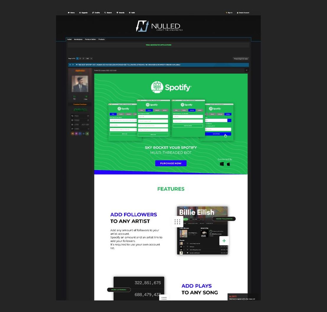 An advertisement in an underground forum for a Spotify bot