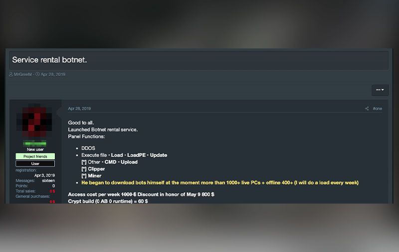 Botnets for rent (regular PCs): Botnet rental service offering with access to C&C panel