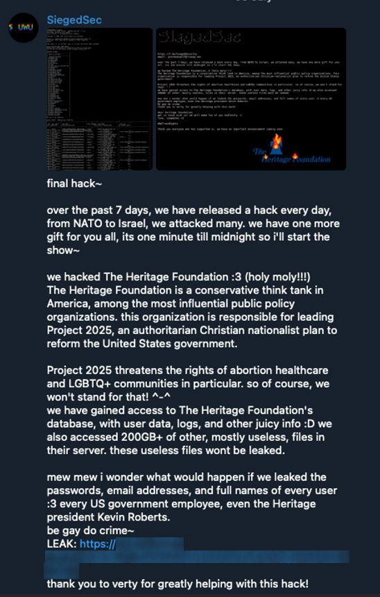 SiegedSec explaining their political motivations