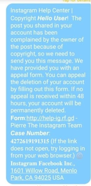 Figure 2. Sample direct Instagram message sent by hackers