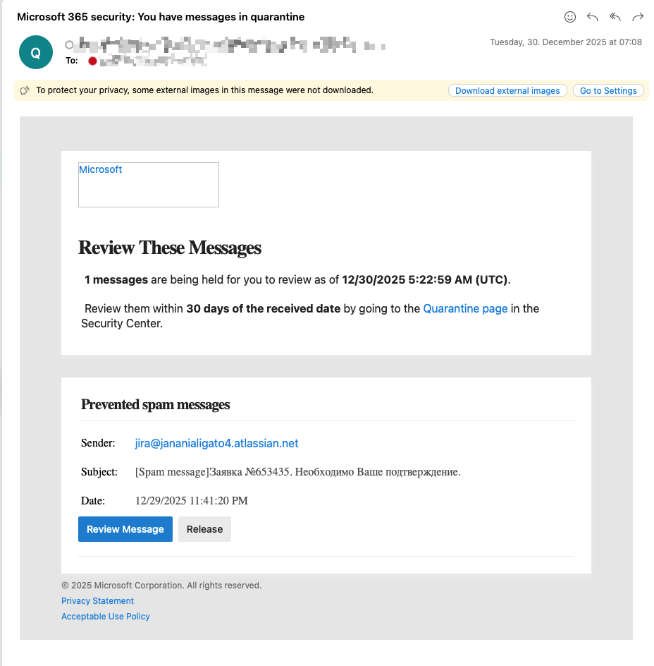 Figure 4. Quarantined spam email that used a Jira-generated subject line