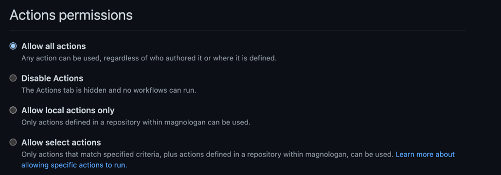 Options for Actions Permissions for each repository on GitHub.