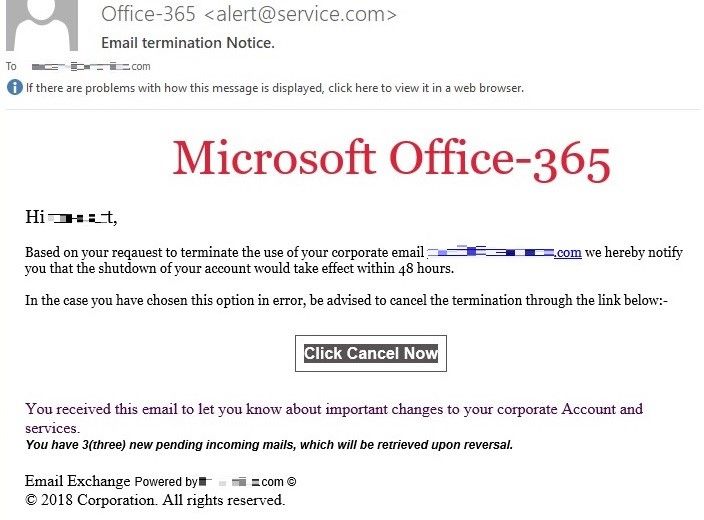 Figure 3. Sample email spoofing an Office 365 alert detected by Cloud App Security