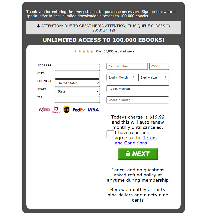 A fake sweepstakes scam landing page