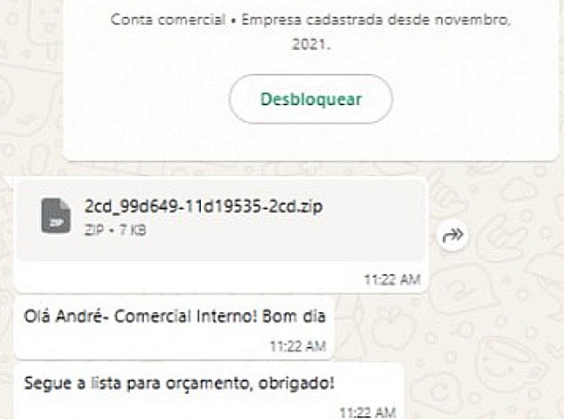 Figure 1. A WhatsApp message luring user to open the ZIP file