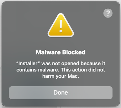 Apple Gatekeeper preventing the malicious .dmg files from running.