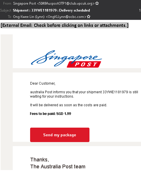 A Singapore Post phishing email