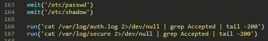 Figure 18. System account and authentication log harvesting reads /etc/passwd and /etc/shadow for user accounts and password hashes, then extracts the last 200 successful login entries from /var/log/auth.log and /var/log/secure.