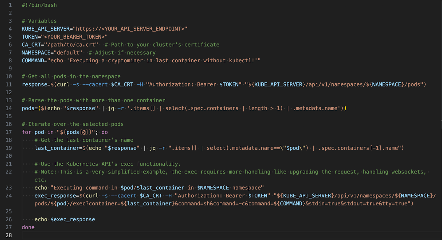 Figure 6. Script to execute a shell command in the last container of each pod without kubectl