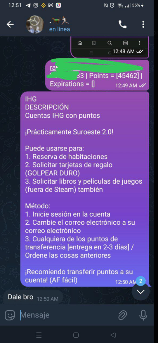 Figure 29. A message with instructions on how to move IHG Hotel points into another account from a Vueltas chipero member
