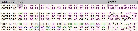 Figure 23. An example of the 32-byte key (top) and the TONESHELL shellcode before decoding (middle) and after decoding (bottom)