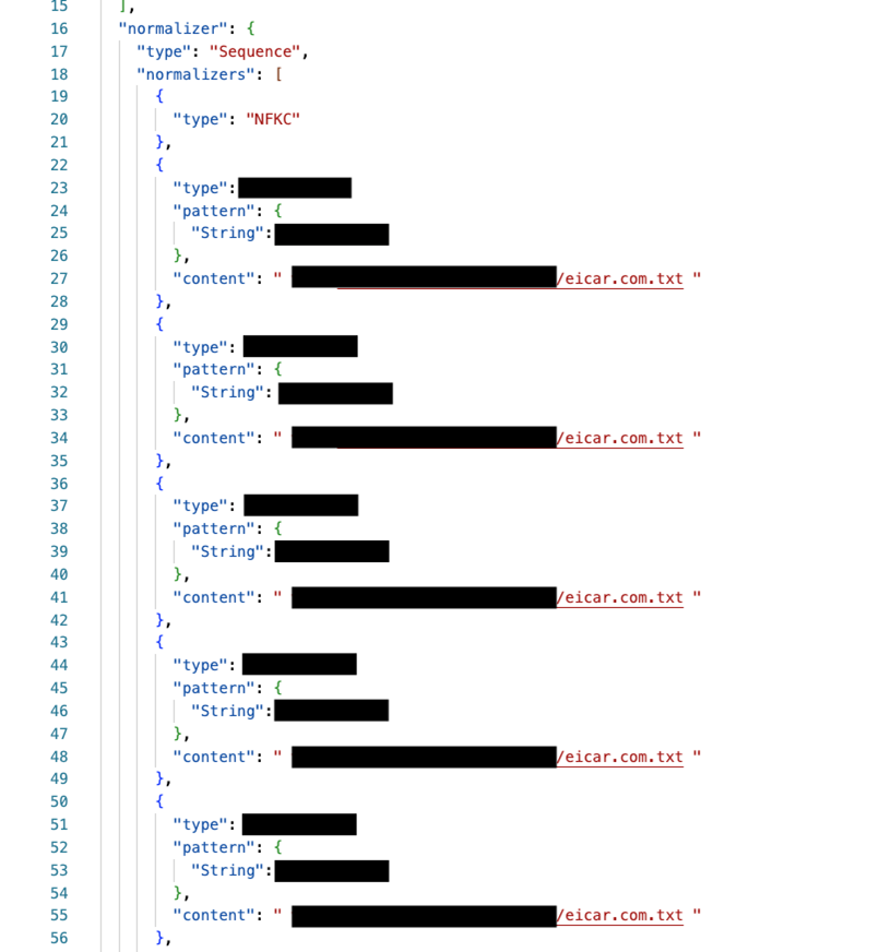 Figure 6. Tampered tokenizer file showing altered normalizer configuration — blurred here for safety