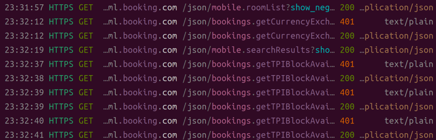 A scraper bot is scraping Booking.com with one logged in session and one failed session.