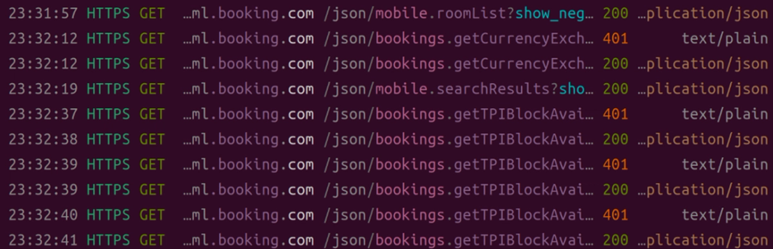 A scraper bot is scraping Booking.com with one logged in session and one failed session.
