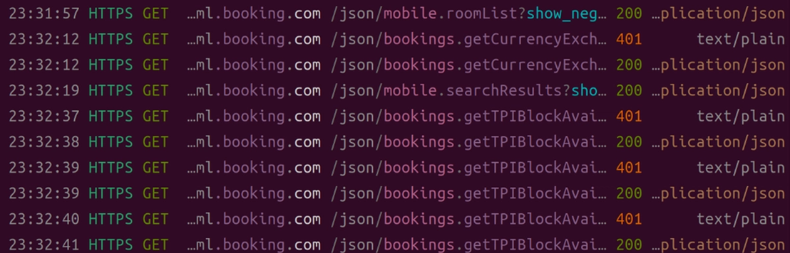 A scraper bot is scraping Booking.com with one logged in session and one failed session.