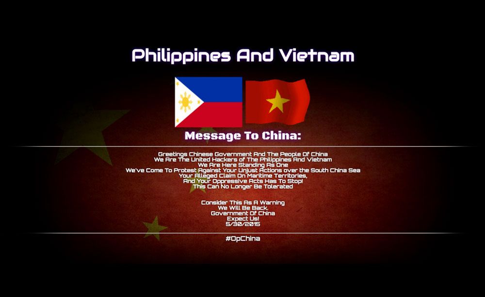 A joint message from Vietnamese and Filipino hackers, protesting Chinese actions