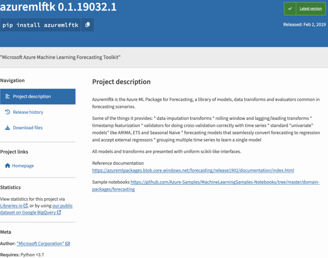 Project description of the azuremlftk package with references to a dangling Azure Blob endpoint