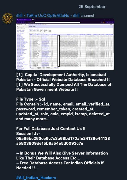 Team UCC listing their attacks on a Pakistani government website