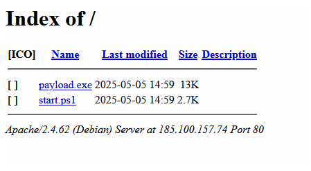 Figure 5. Open directory listing on 185[.]100[.]157[.]74 showing the BERT ransomware payload (payload.exe) and its PowerShell loader (start.ps1)