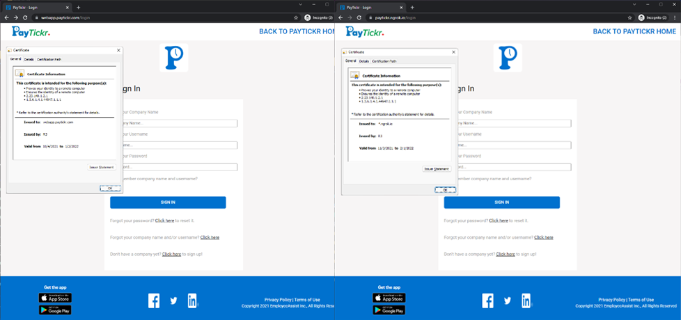 Figure 18. A comparison of a legitimate page (left) and a phishing page (right) for PayTickr logins